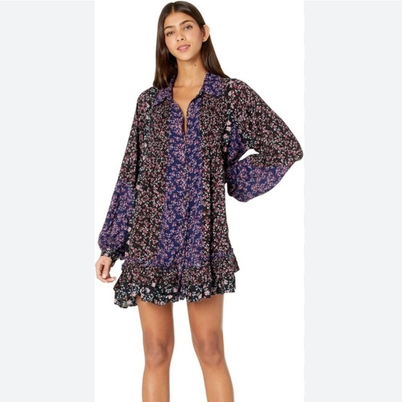 Free People dress tunic Lost in You Floral Button Ruffle Top Mini Black small - Picture 5 of 6